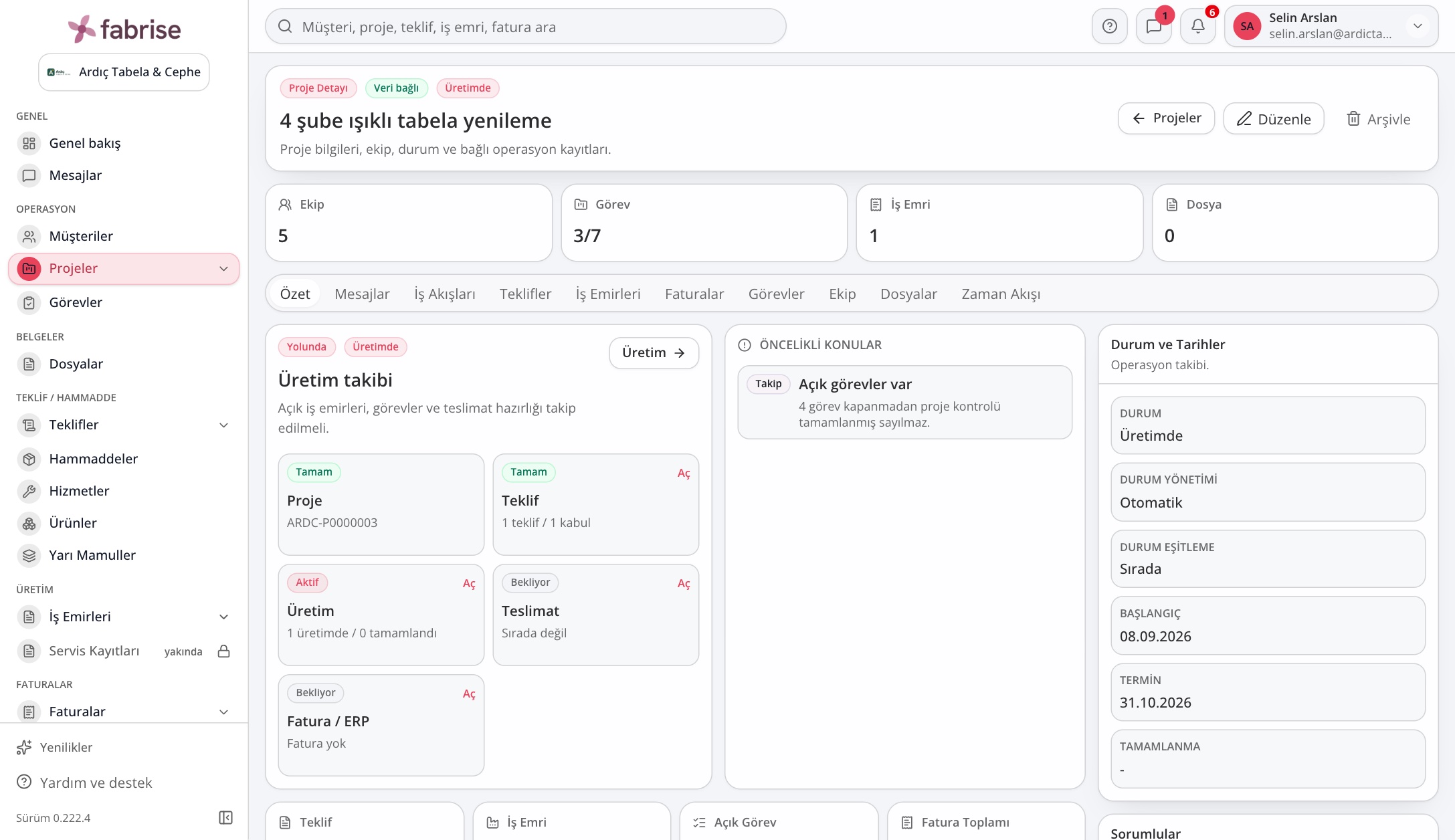Fabrise gerçek web ekranı: proje ve iş yönetimi